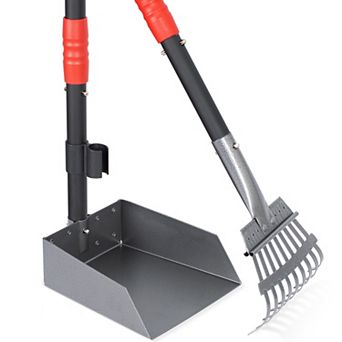 Dog Stainless Steel Rake Pooper Scooper Set, Rust Proof Tray And Rake Set with Adjustable Handles