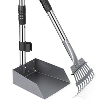 Dog Stainless Steel Rake Pooper Scooper Set, Rust Proof Tray And Rake Set with Adjustable Handles