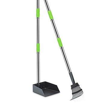 Dog Stainless Steel Rake Pooper Scooper Set, Rust Proof Tray And Rake Set with Adjustable Handles