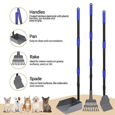 Stainless Steel Spade Poop Scooper Set Pet Waste Removal Scoop With Adjustable Handles