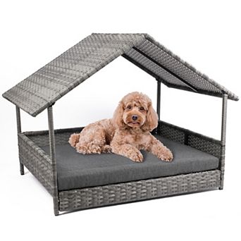 Wicker Dog House, Elevated Rattan Dog Bed With Canopy, Large Dog House Outdoor With Cushion