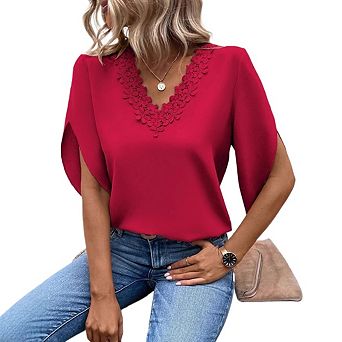 Womens Lace V Neck Batwing Short Sleeve Chiffon Tops Dressy Casual Shirts
