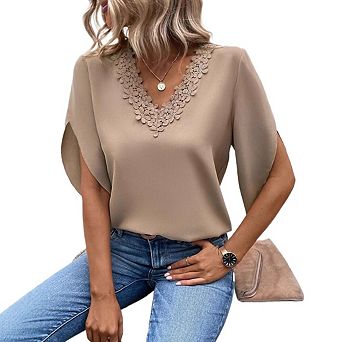 Womens Lace V Neck Batwing Short Sleeve Chiffon Tops Dressy Casual Shirts