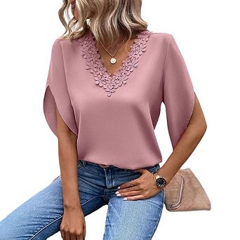 Womens Lace V Neck Batwing Short Sleeve Chiffon Tops Dressy Casual Shirts