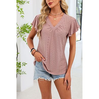 Women's V Neck Ruffle Short Sleeve Casual Summer Blouse Top