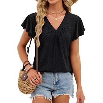 Women's V Neck Ruffle Short Sleeve Casual Summer Blouse Top