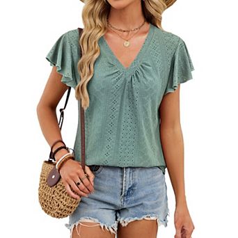 Women's V Neck Ruffle Short Sleeve Casual Summer Blouse Top