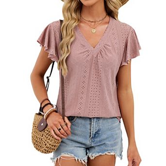 Women's V Neck Ruffle Short Sleeve Casual Summer Blouse Top