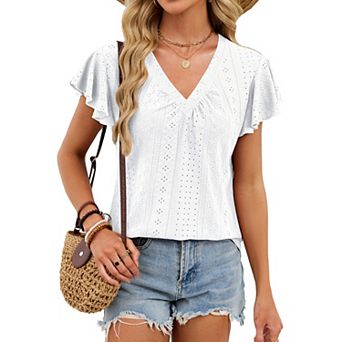 Women's V Neck Ruffle Short Sleeve Casual Summer Blouse Top