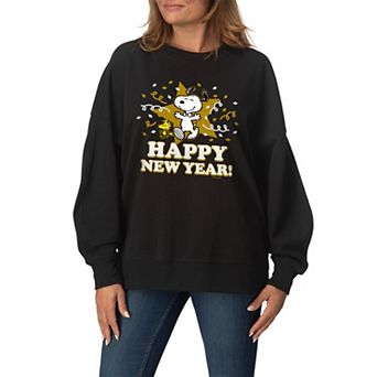 Women's Peanuts Snoopy Happy New Year Oversized Fleece Crew Sweatshirt