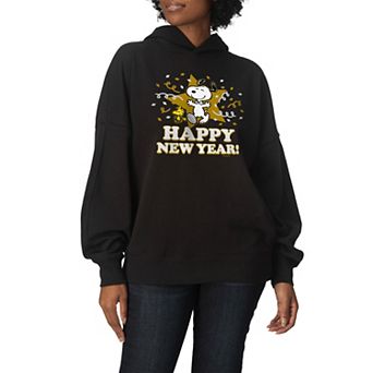 Women's Peanuts Snoopy Happy New Year Oversized Fleece Hoodie Sweatshirt