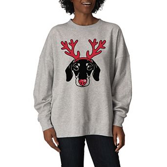 Women's Dachshund Reindeer Antlers Oversized Fleece Crew Sweatshirt
