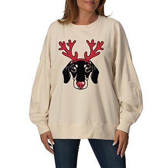 Women's Dachshund Reindeer Antlers Oversized Fleece Crew Sweatshirt