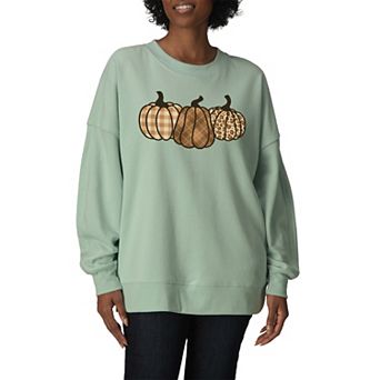 Women's Brown Plaid Pumpkins Oversized Fleece Crew Sweatshirt