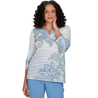 Petite Alfred Dunner Provence Paisley Stripe Split Neck Top