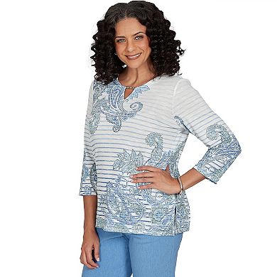 Petite Alfred Dunner Provence Paisley Stripe Split Neck Top
