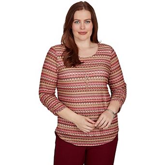 Petite Alfred Dunner Union Square Spacedye Stripe Top with Necklace