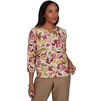 Petite Alfred Dunner Union Square Floral Painterly Print Shimmer Sweater
