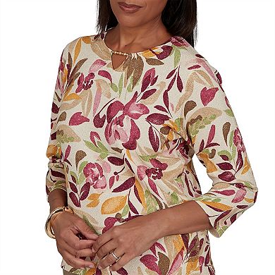 Petite Alfred Dunner Union Square Floral Painterly Print Shimmer Sweater