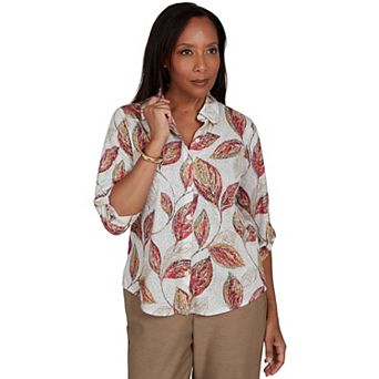 Petite Alfred Dunner Sketched Leaf Button Front Knit Top