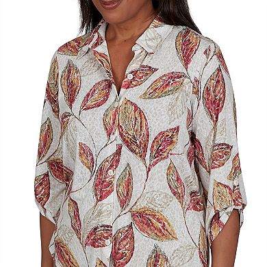 Petite Alfred Dunner Sketched Leaf Button Front Knit Top