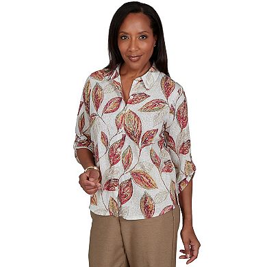 Petite Alfred Dunner Sketched Leaf Button Front Knit Top