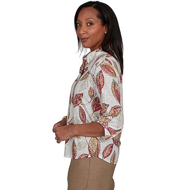Petite Alfred Dunner Sketched Leaf Button Front Knit Top