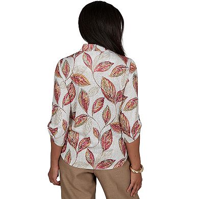 Petite Alfred Dunner Sketched Leaf Button Front Knit Top