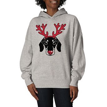 Women's Dachshund Reindeer Antlers Oversized Fleece Hoodie Sweatshirt