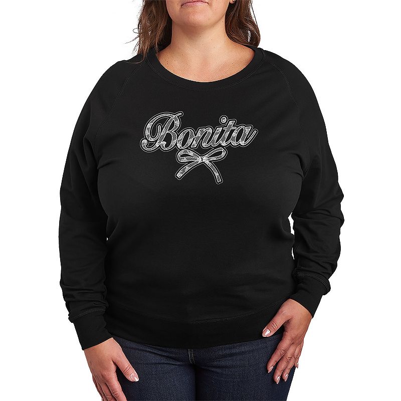 Licensed Character Plus Size Lace Script Bow French Terry Long Sleeve Tee, Women's, Size: 2XL, Black