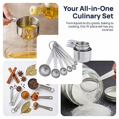 Durable Stainless Steel Measuring Cups and Spoons, Stackable with Engraved Markings 14 Pcs
