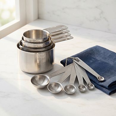 Durable Stainless Steel Measuring Cups and Spoons, Stackable with Engraved Markings 14 Pcs