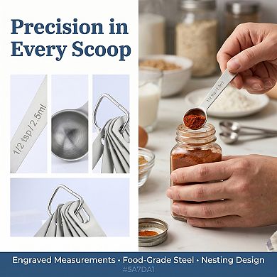 7Pcs Stainless Steel Measuring Set, Stackable Design Metal Cups and Spoons, Engraved Markings