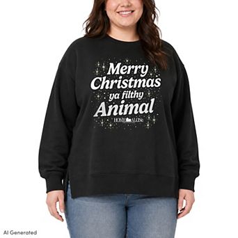 Pus Size Home Alone Merry Christmas Ya Filthy Animal Oversized Fleece Crew Sweatshirt