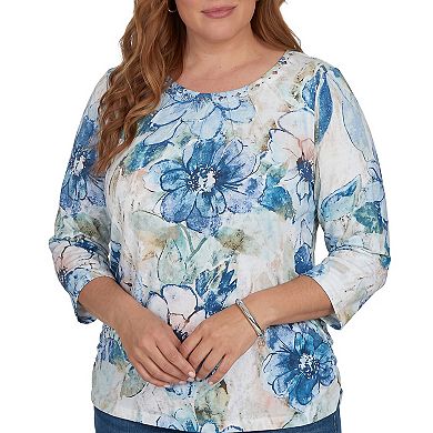 Plus Size Alfred Dunner Etched Florals Ruched Sides Top