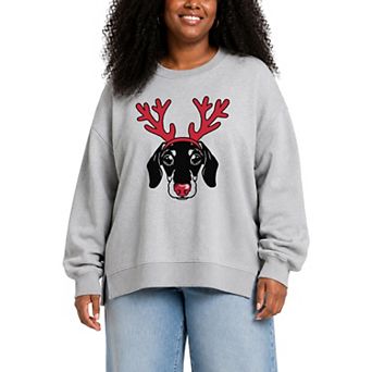 Plus Size Dachshund Reindeer Antlers Oversized Fleece Crew Sweatshirt