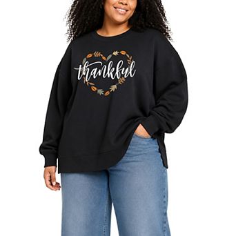 Plus Size Thankful Leaf Heart Graphic Crew Sweatshirt