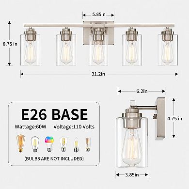 31.2 in. 5-Light Modern Vanity Light with Clear Glass Shades