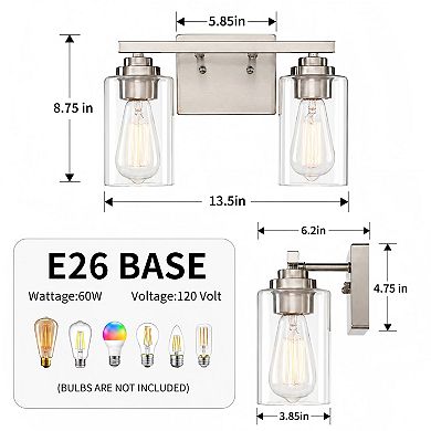 13.5 in. 2-Light Modern Vanity Light with Clear Glass Shades, Damp Rated