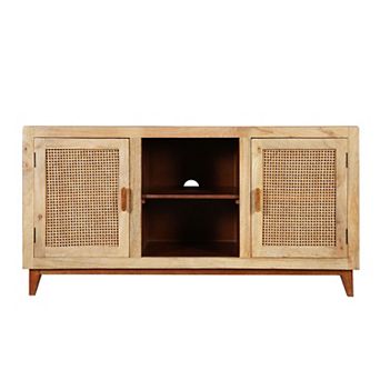 Aru 58 Inch Sideboard Buffet Cabinet, 2 Cane Doors n Open Shelves, 2 Tone Antique Brown Mango Wood