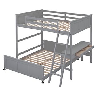 KWPZQEB Full Over Full Bunk Bed with Built-in Desk & 2 Storage Drawers, Ladders & Fences