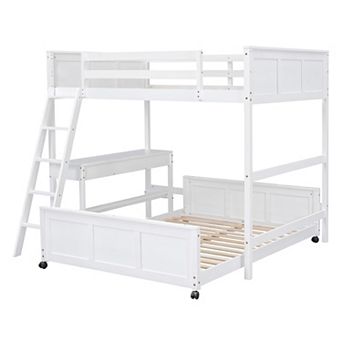 KWPZQEB Full Over Full Bunk Bed with Built-in Desk & 2 Storage Drawers, Ladders & Fences