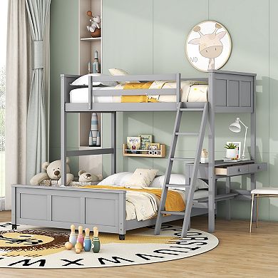 KWPZQEB Twin Over Full Bunk Bed with Built-in Desk & 2 Storage Drawers, Ladders & Fences