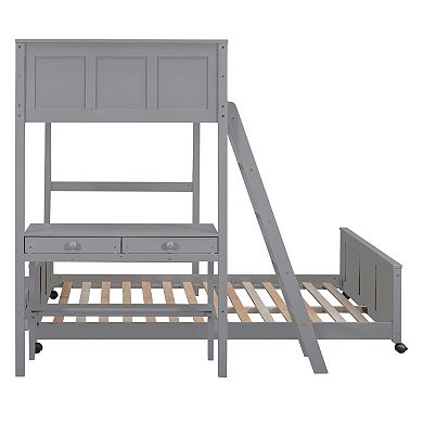 KWPZQEB Twin Over Full Bunk Bed with Built-in Desk & 2 Storage Drawers, Ladders & Fences