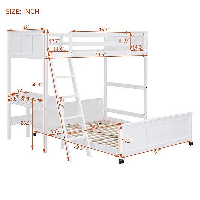KWPZQEB Twin Over Full Bunk Bed with Built-in Desk & 2 Storage Drawers, Ladders & Fences