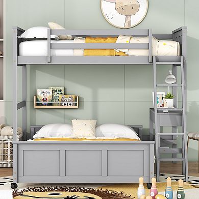 KWPZQEB Twin Over Full Bunk Bed with Built-in Desk & 2 Storage Drawers, Ladders & Fences