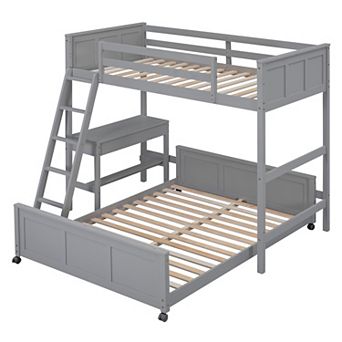 KWPZQEB Twin Over Full Bunk Bed with Built-in Desk & 2 Storage Drawers, Ladders & Fences