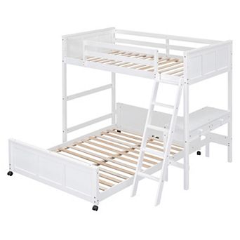 KWPZQEB Twin Over Full Bunk Bed with Built-in Desk & 2 Storage Drawers, Ladders & Fences