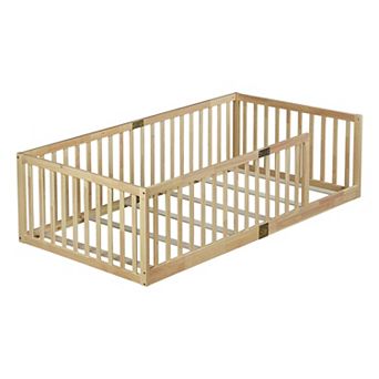 KWPZQEB Twin Size Wood Floor Bed with High Fence Railings & 6 Slats Included