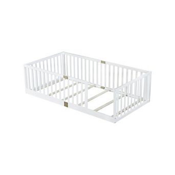 KWPZQEB Twin Size Wood Floor Bed with High Fence Railings & 6 Slats Included